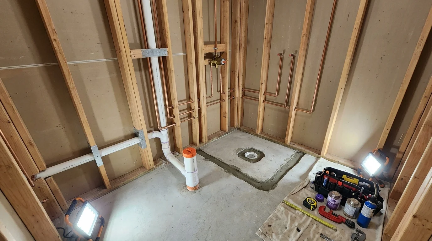 Bathroom rough-in plumbing during remodel by Johns Plumbing LLC in North Adams