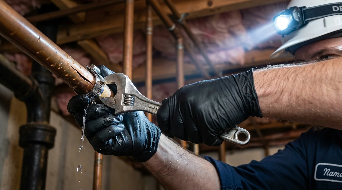 Emergency pipe clamp repair being performed by a Johns Plumbing LLC plumber in North Adams