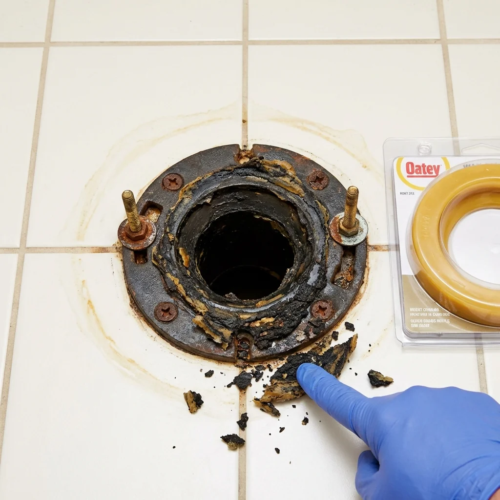 Failed wax ring showing water seepage at the base of a toilet in a North Adams, MA home