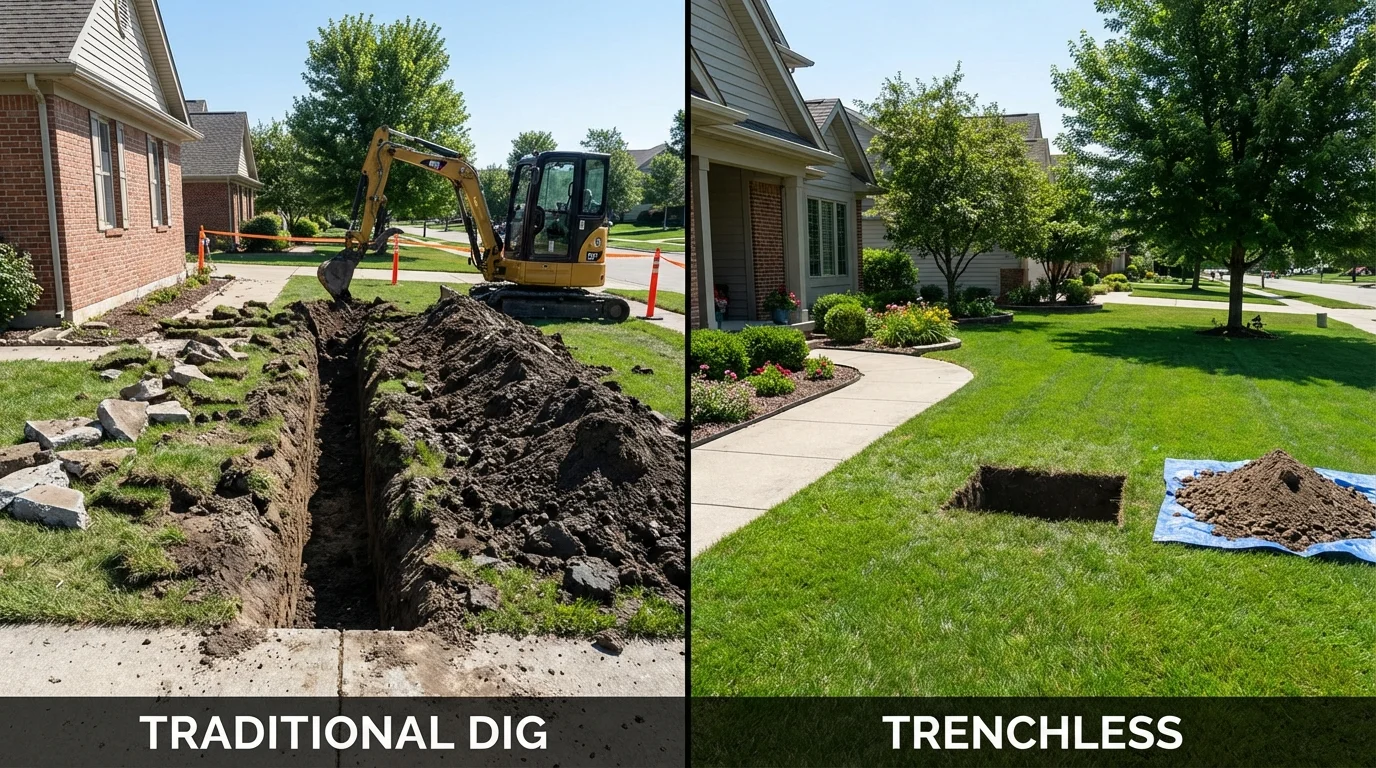 Trenchless sewer repair with minimal yard damage versus traditional excavation in North Adams, MA