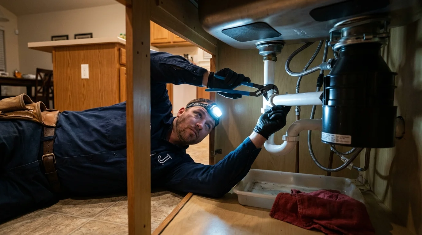 P-trap and supply line connections under a kitchen sink showing a common leak point in North Adams, MA